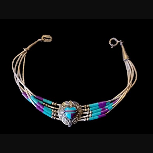 Navajo 925 Sterling Silver Liquid Silver 5 Strand Turquoise Heart Bracelet 7.25" - Picture 6 of 13